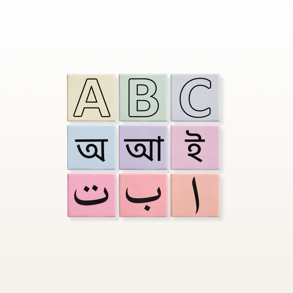 A 3x3 grid of pastel tiles displaying the English alphabet, Roman numerals, and Arabic script on a light beige gradient background.