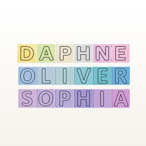 Customizable pastel letter tiles spelling out names, shown with the names 'DAPHNE OLIVER SOPHIA' on a light cream background.